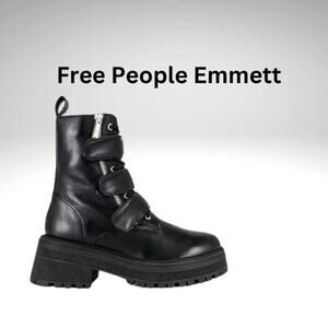 NWT  Free People Emmett Lace Up Boot Black Leather Straps Lug Sole Zipper 37/7